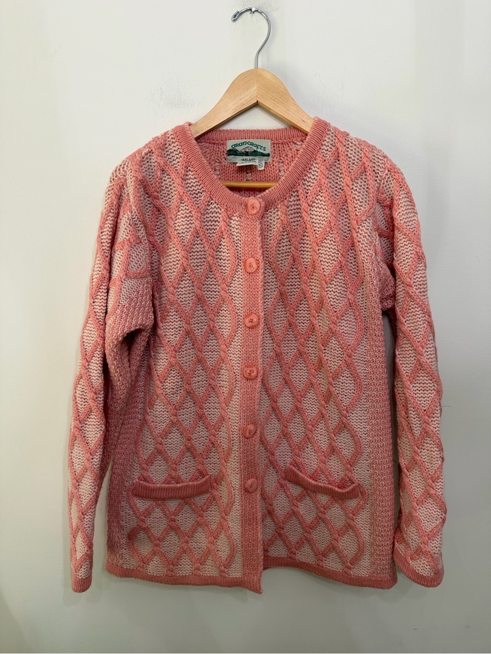 Aran Crafts Merino Wool Cardigan Sweater Pink Basket Weave Cottage Core Women S